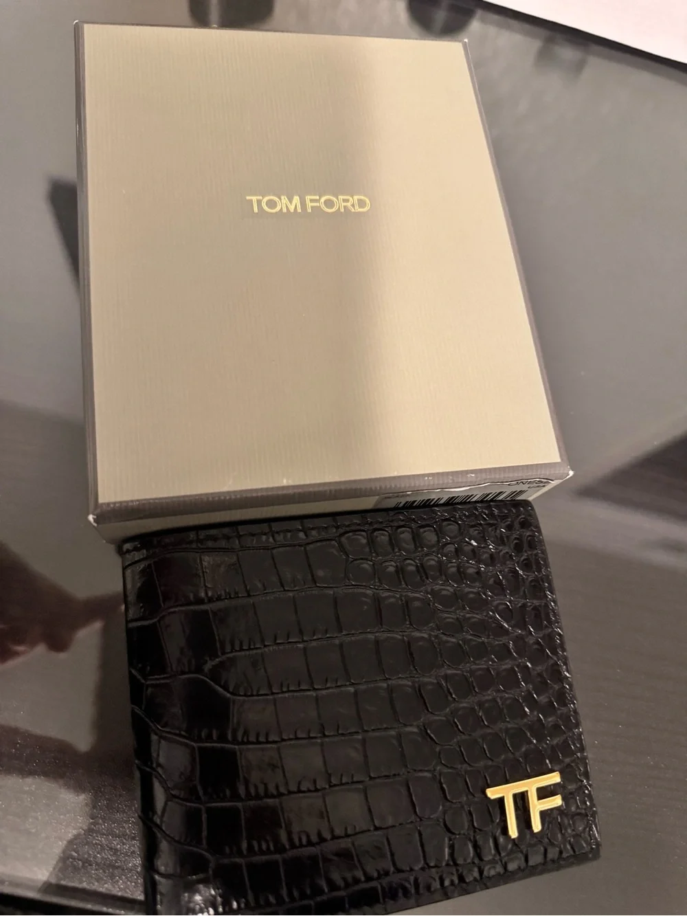 Tom Ford Black Croc-Effect Leather Card Holder with Gold TF Logo